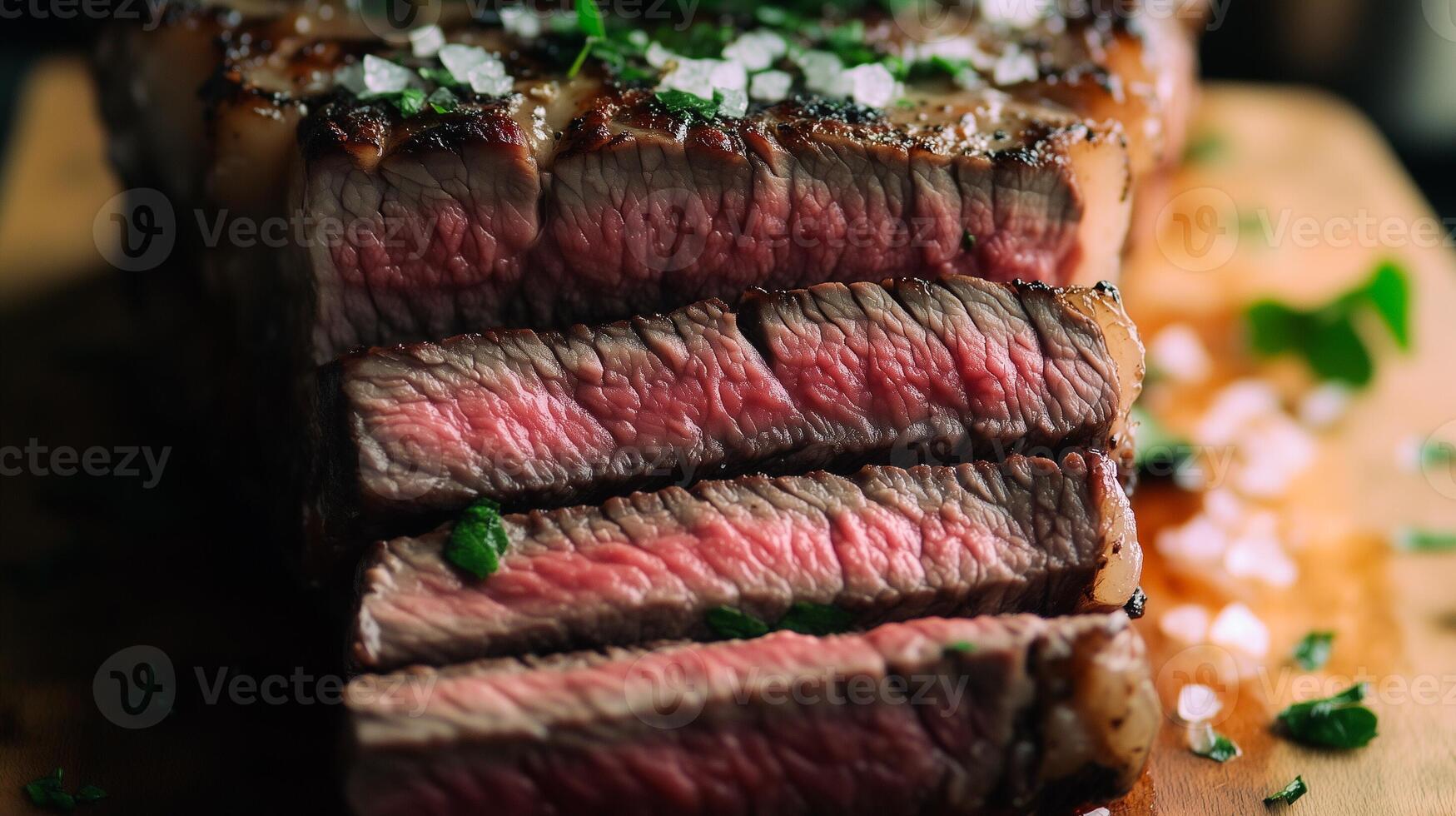 Sliced T-bone steak with large fillet piece seasoned with herbs and salt photo