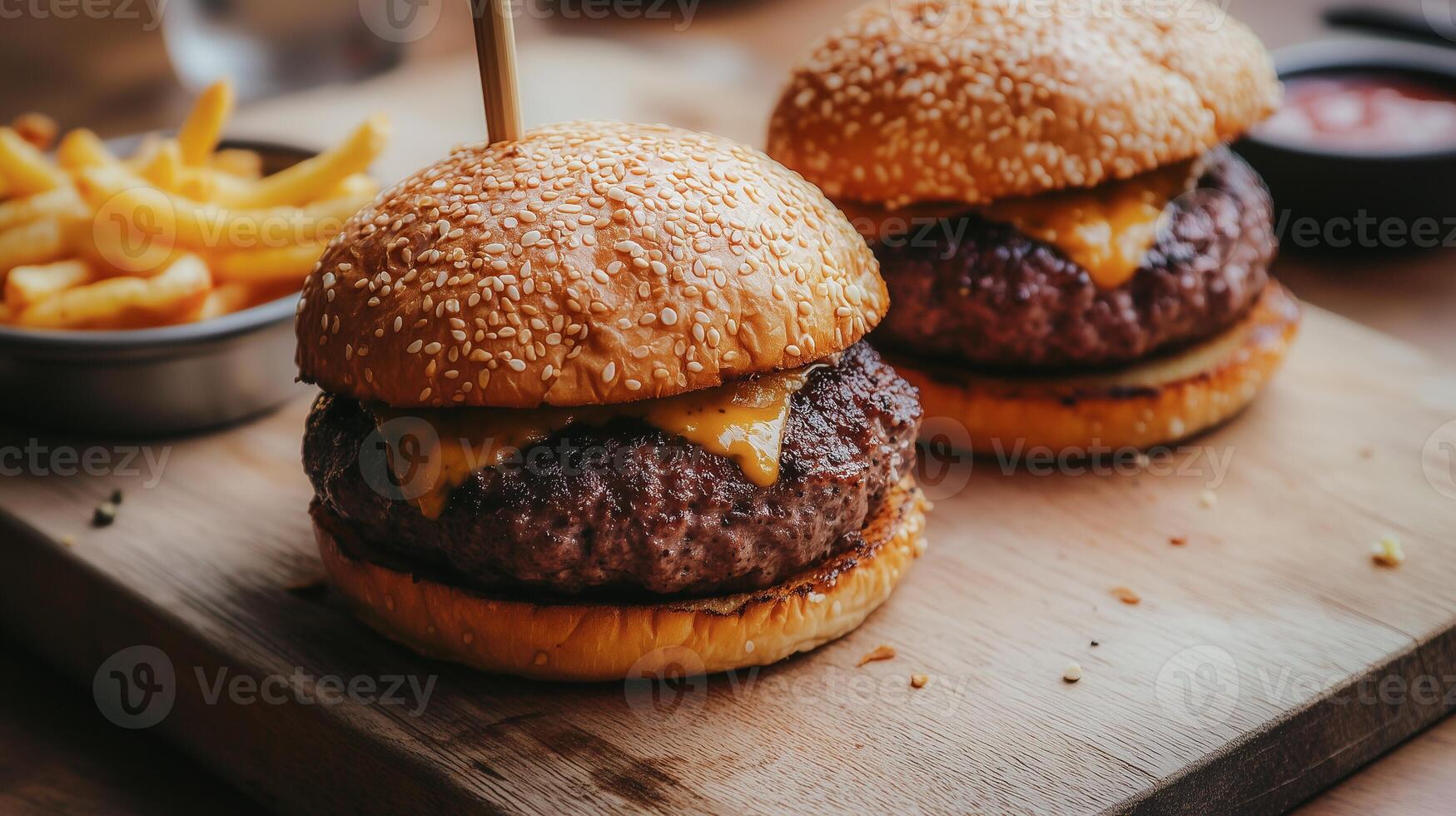 Juicy beef and cheese burger on brioche bun in a cozy warm burger joint setting photo