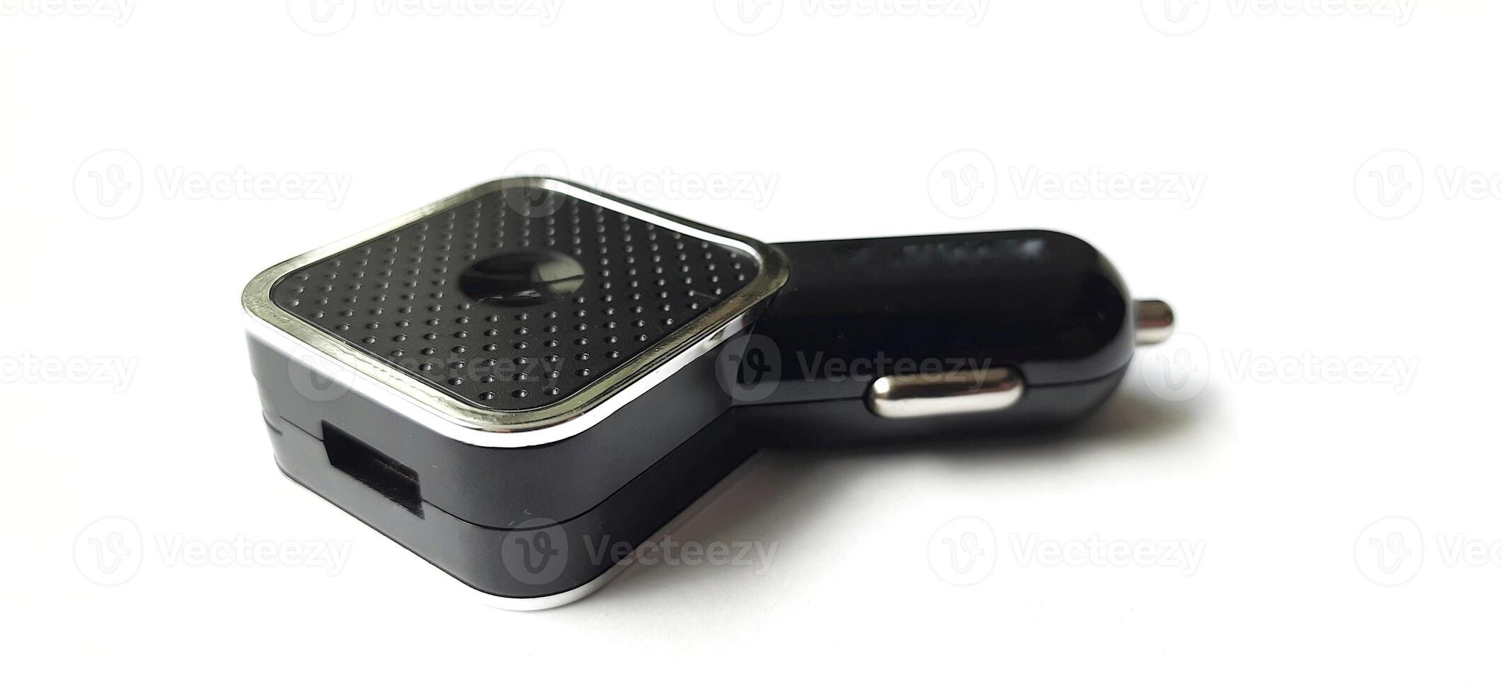 Dual port usb car charger isolated on white background. Fast charger for mobile phone photo