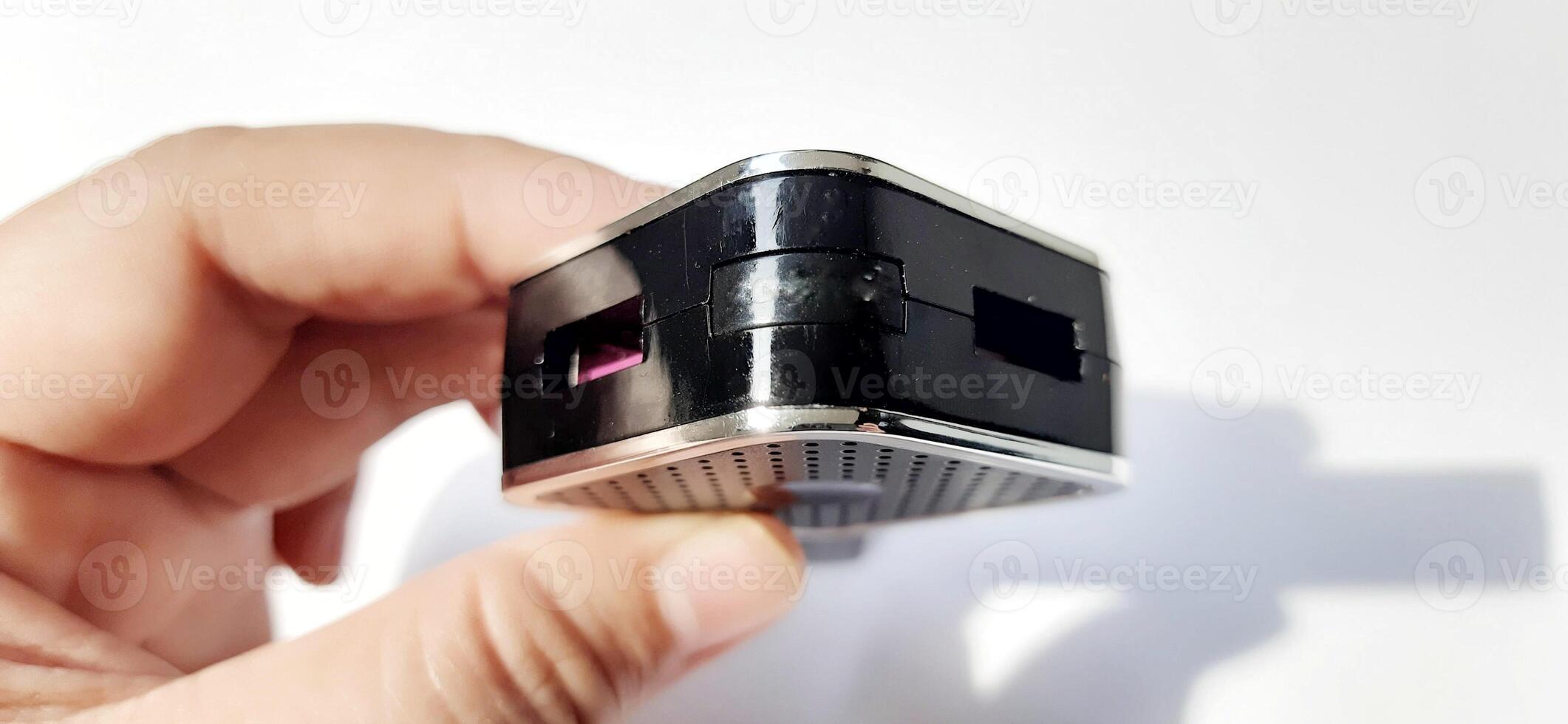 Dual port usb car charger isolated on white background. Fast charger for mobile phone photo