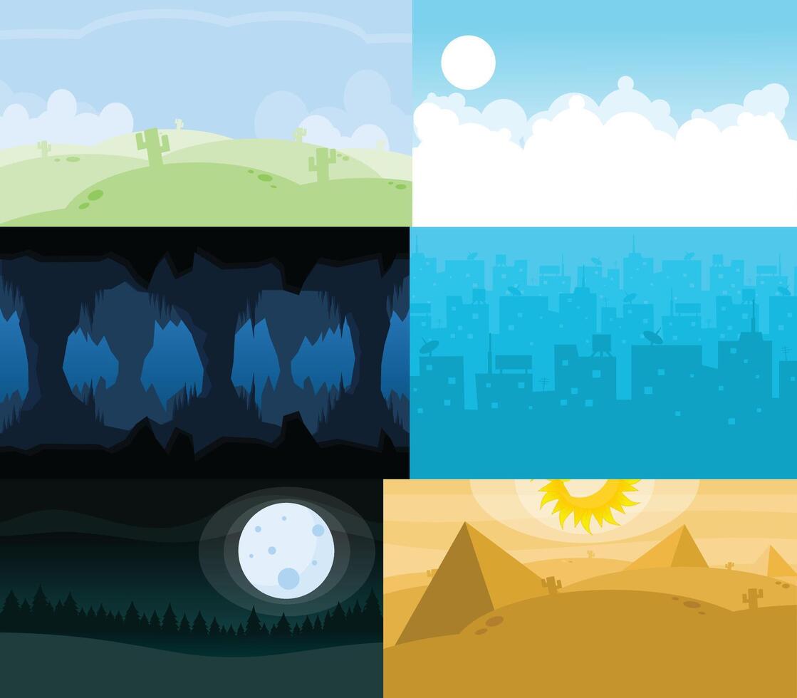 Pack of background Cave Forest Jungle Desert City Nature vector