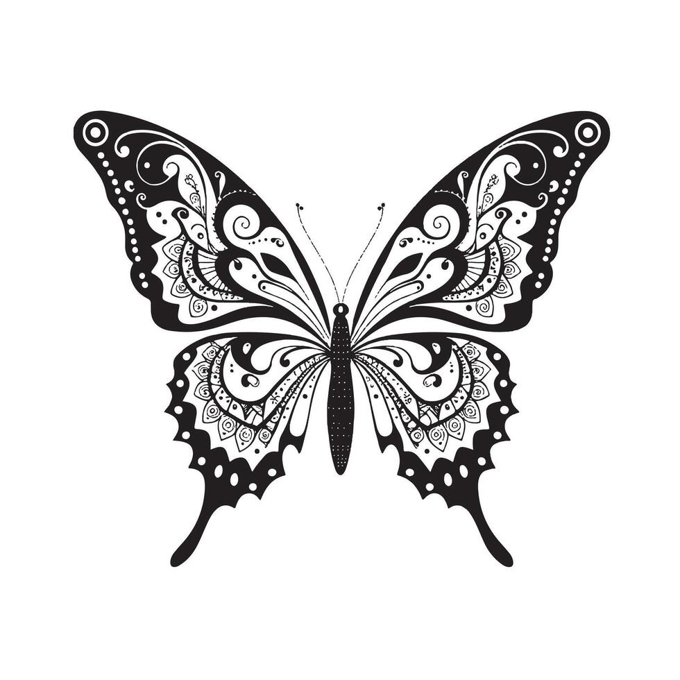 Graceful Black and White Butterfly Illustration with Detailed Patterns vector