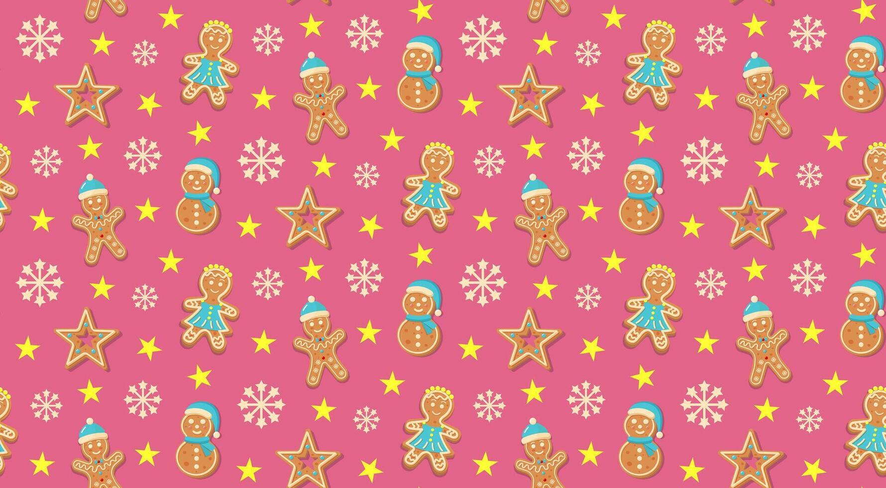 Christmas gingerbread men, snowflakes and stars seamless pattern on pink background. vector