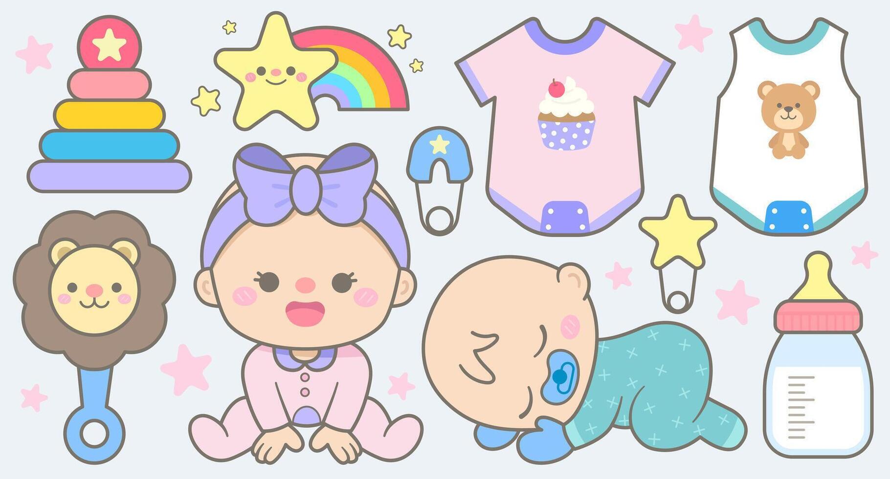 Kid Hand Drawn Cute and Colorful Baby Elements vector
