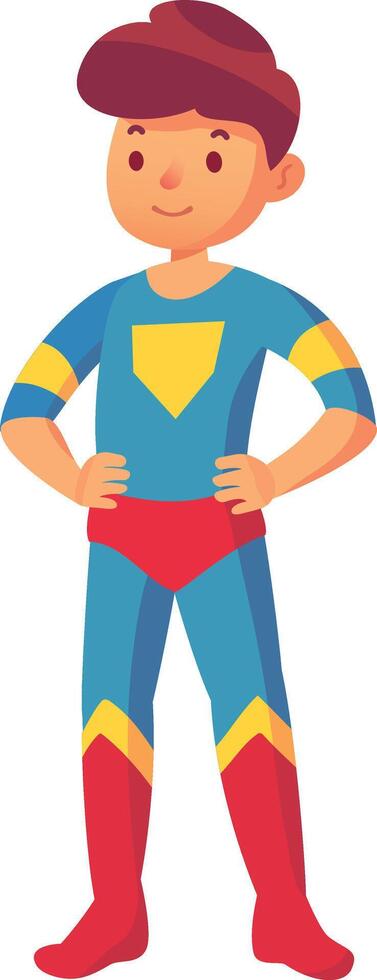 Confident superhero boy standing with hands on hips, ready to save the day, a symbol of courage and strength in a vibrant cartoon illustration vector