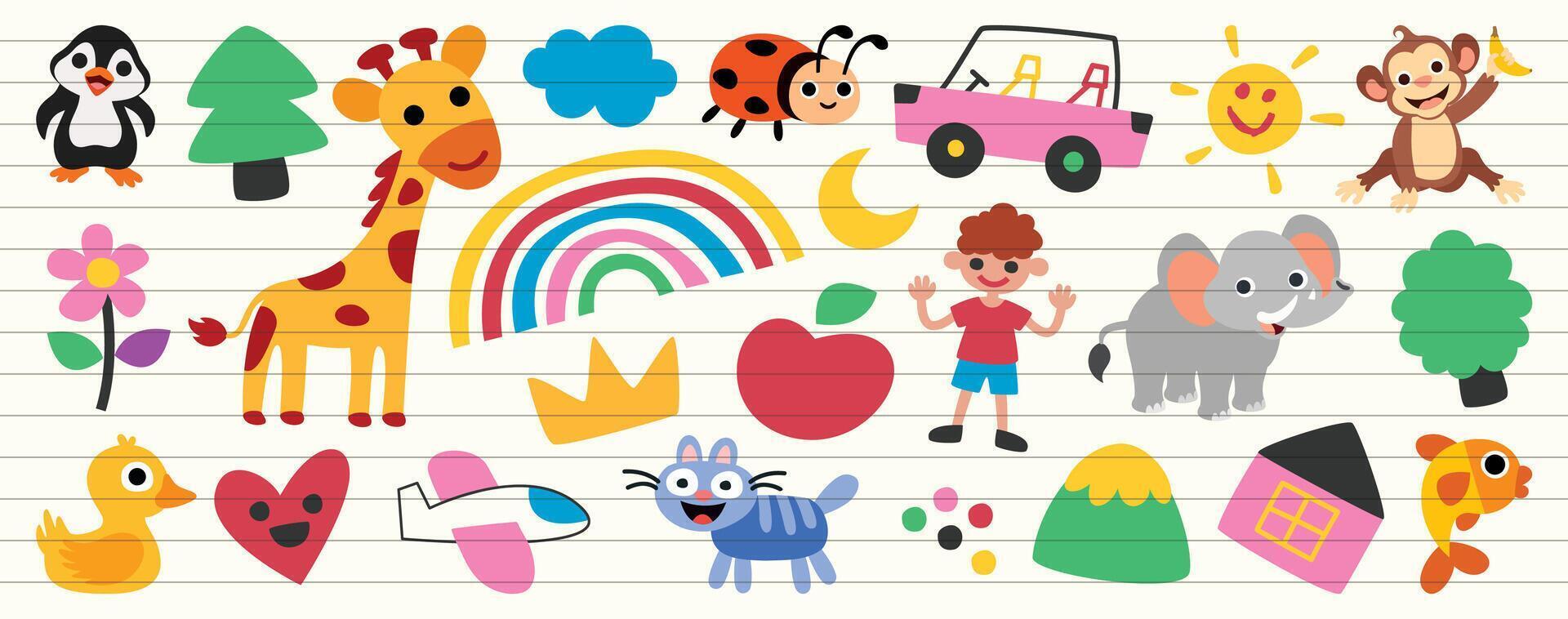 Hand Drawn Childish Characters And Objects vector