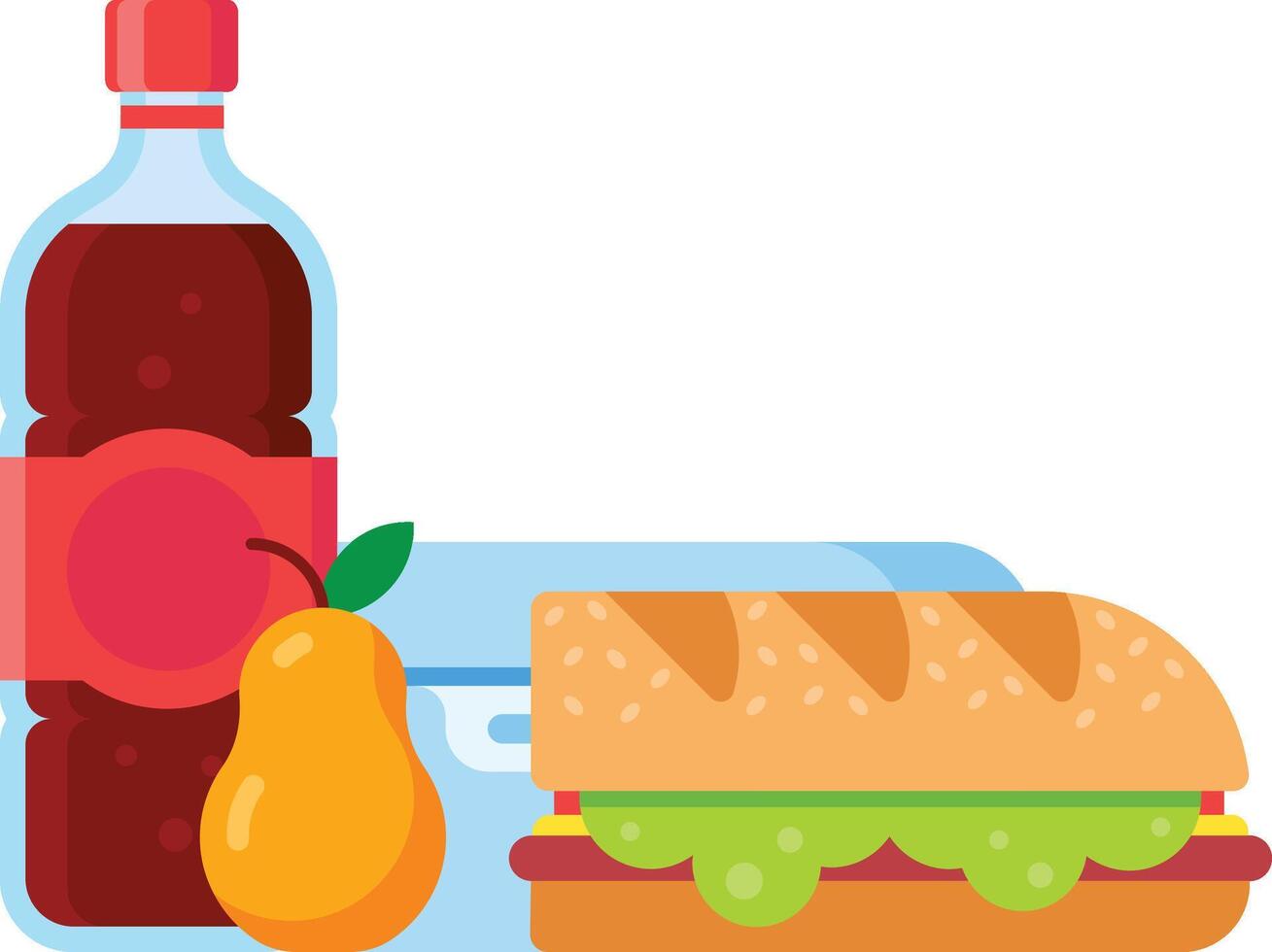 School lunch with a sandwich, a pear, a bottle of soda and a lunchbox representing a healthy and balanced meal for students vector