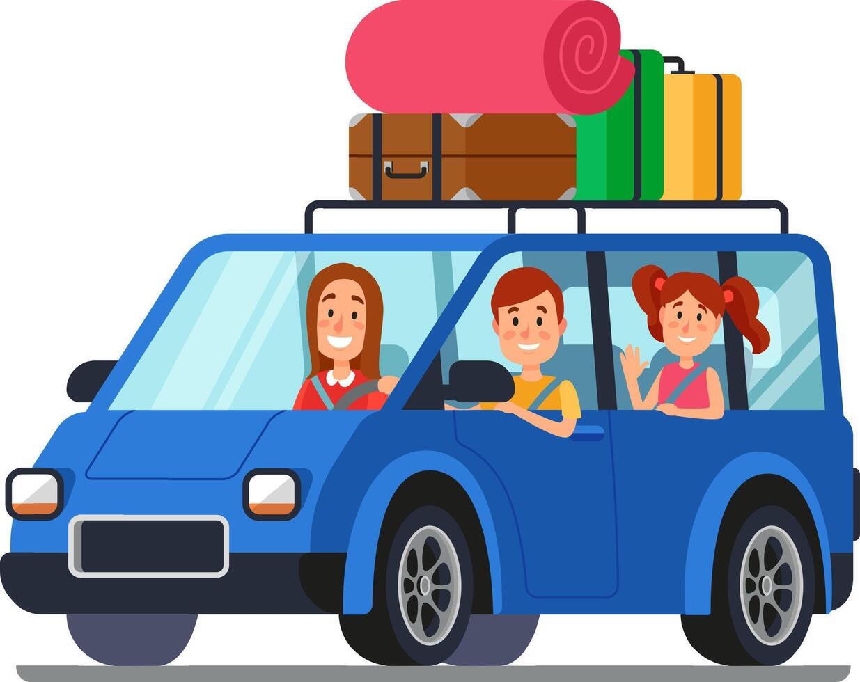 Happy family on a road trip, smiling and waving out the car window, creating lasting memories and enjoying the journey together vector