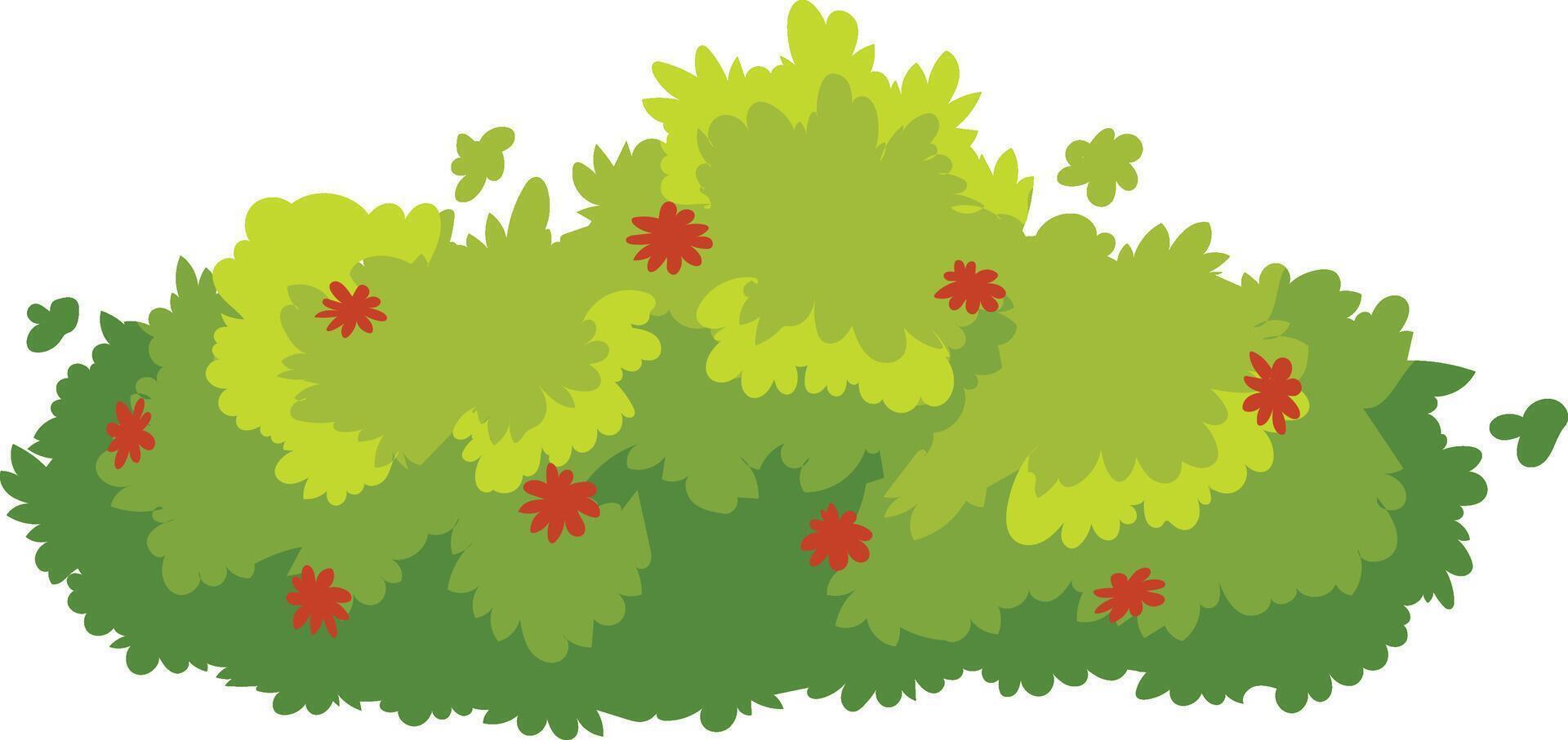 Lush green bush with vibrant red flowers adds a touch of beauty to a serene garden setting, creating a peaceful and inviting atmosphere vector