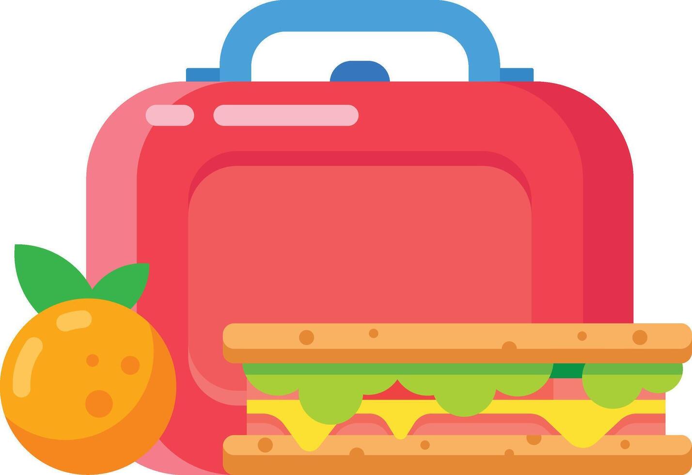 Red lunchbox with blue handle next to a sandwich and an orange representing a healthy school lunch, packed meal, or snack vector