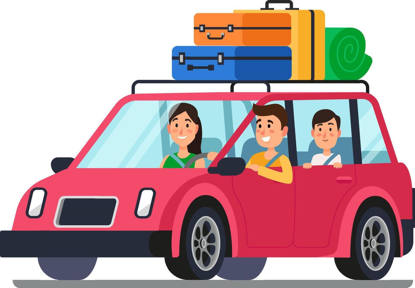 Happy family starts a car journey with luggage on the roof, enjoying the scenic views and creating memories on a summer road trip adventure vector