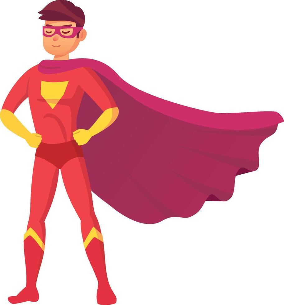 Confident superhero standing with hands on hips, wearing a vibrant costume and a flowing cape, embodying strength, courage, and readiness to face any challenge vector