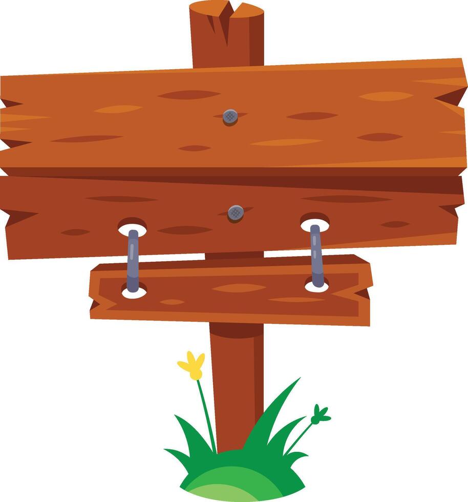 Cartoon wooden road sign with two planks indicating different directions, standing on a patch of grass with flowers, offering space for custom messages and directions vector