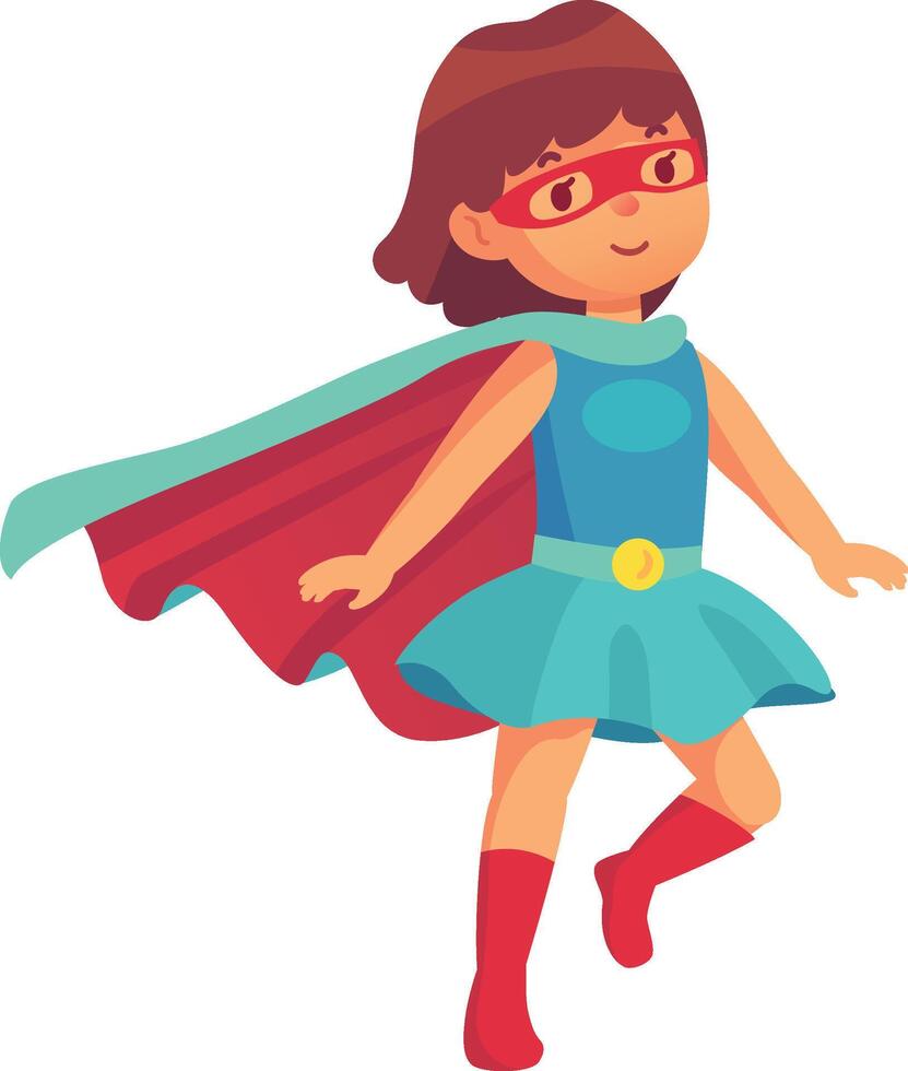 Young superhero girl confidently walks in a red cape and mask, embodying courage and strength, symbolizing hope and inspiration in a colorful illustration vector