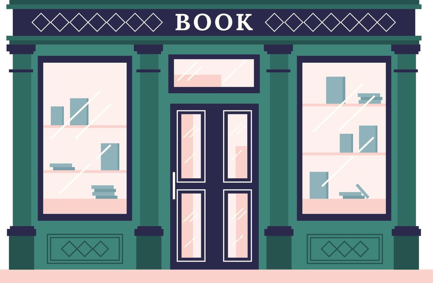 Bookstore facade with large display windows showing books and novels, columns, and glass door, inviting customers inside to explore vector