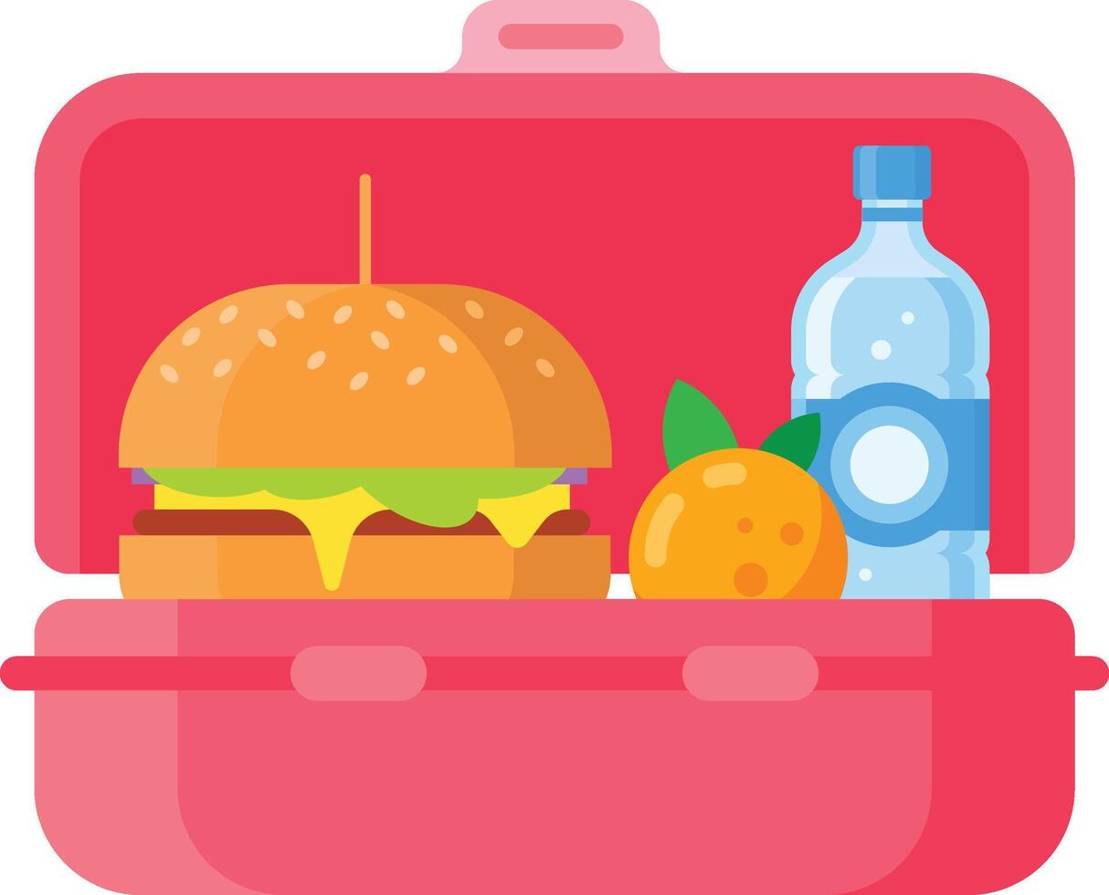 Pink lunchbox containing a burger, an orange and a bottle of water, representing a healthy and balanced meal for school or work vector