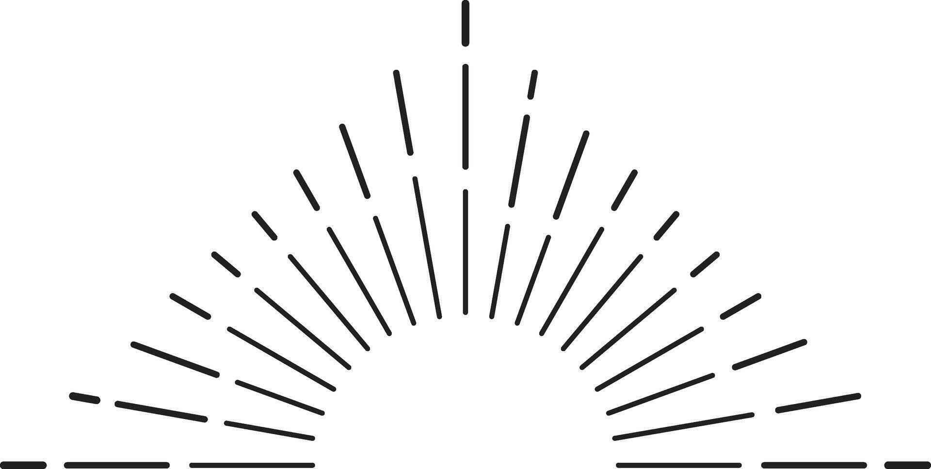 Minimalist illustration featuring black lines radiating from a central point, creating a half circle shape against a white background, symbolizing light, energy, or expansion vector