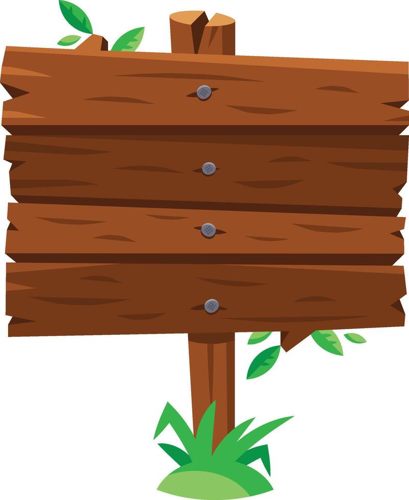 Empty wooden sign surrounded by grass and leaves, perfect for personalized messages in a rustic setting. Customize with text for outdoor communication needs vector