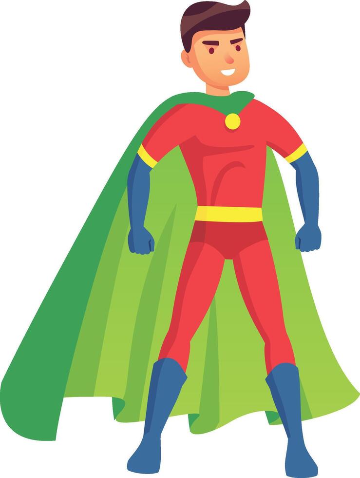 Confident superhero standing with cape flowing, ready for action, symbolizing strength, courage, and heroism in a vibrant illustration vector