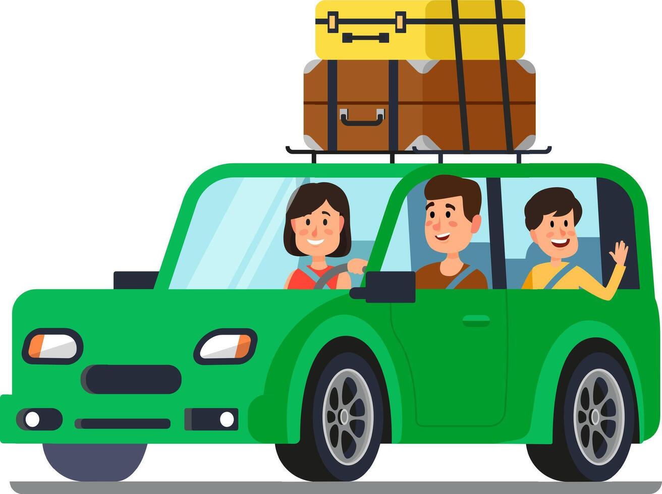 Happy family traveling by green car with luggage on the roof rack, mother driving the car, father and son waving from the back seat, enjoying their road trip vacation vector