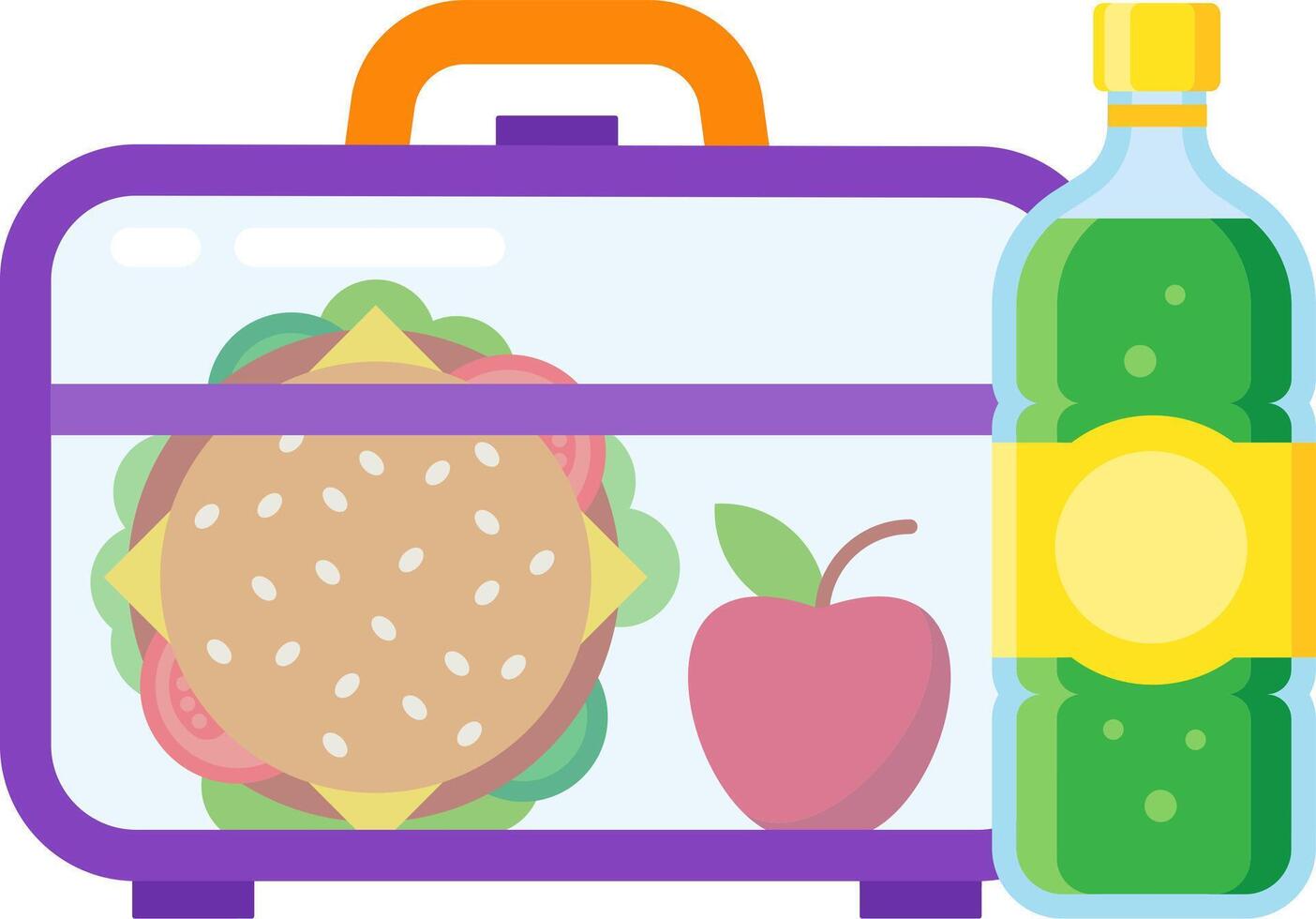 Purple lunchbox containing a hamburger, an apple and a bottle of green juice, suggesting a healthy and convenient meal for school or work vector