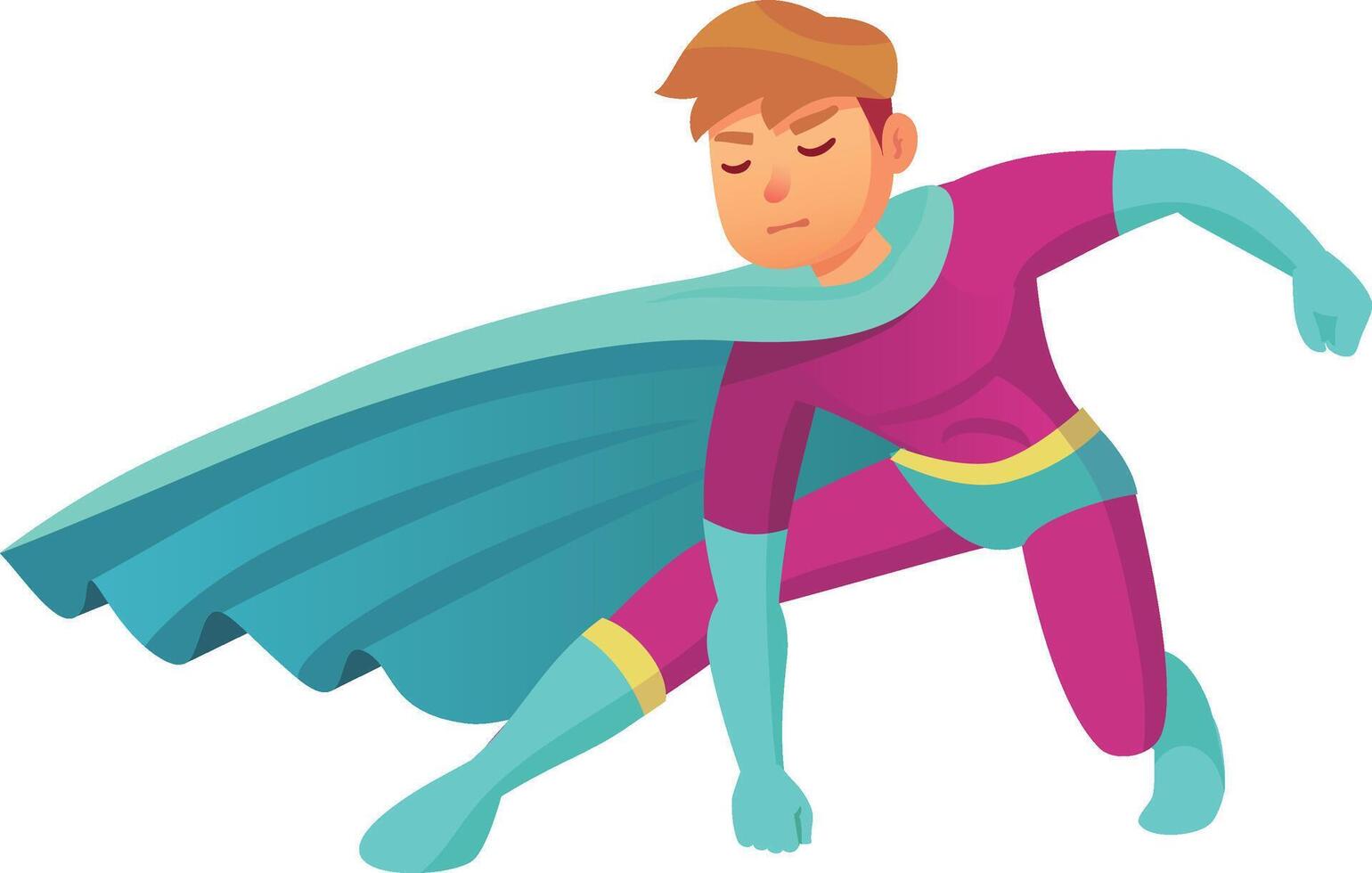 Determined superhero in a vibrant pink and turquoise costume kneels with a fluttering cape, symbolizing protection, justice, and hope vector