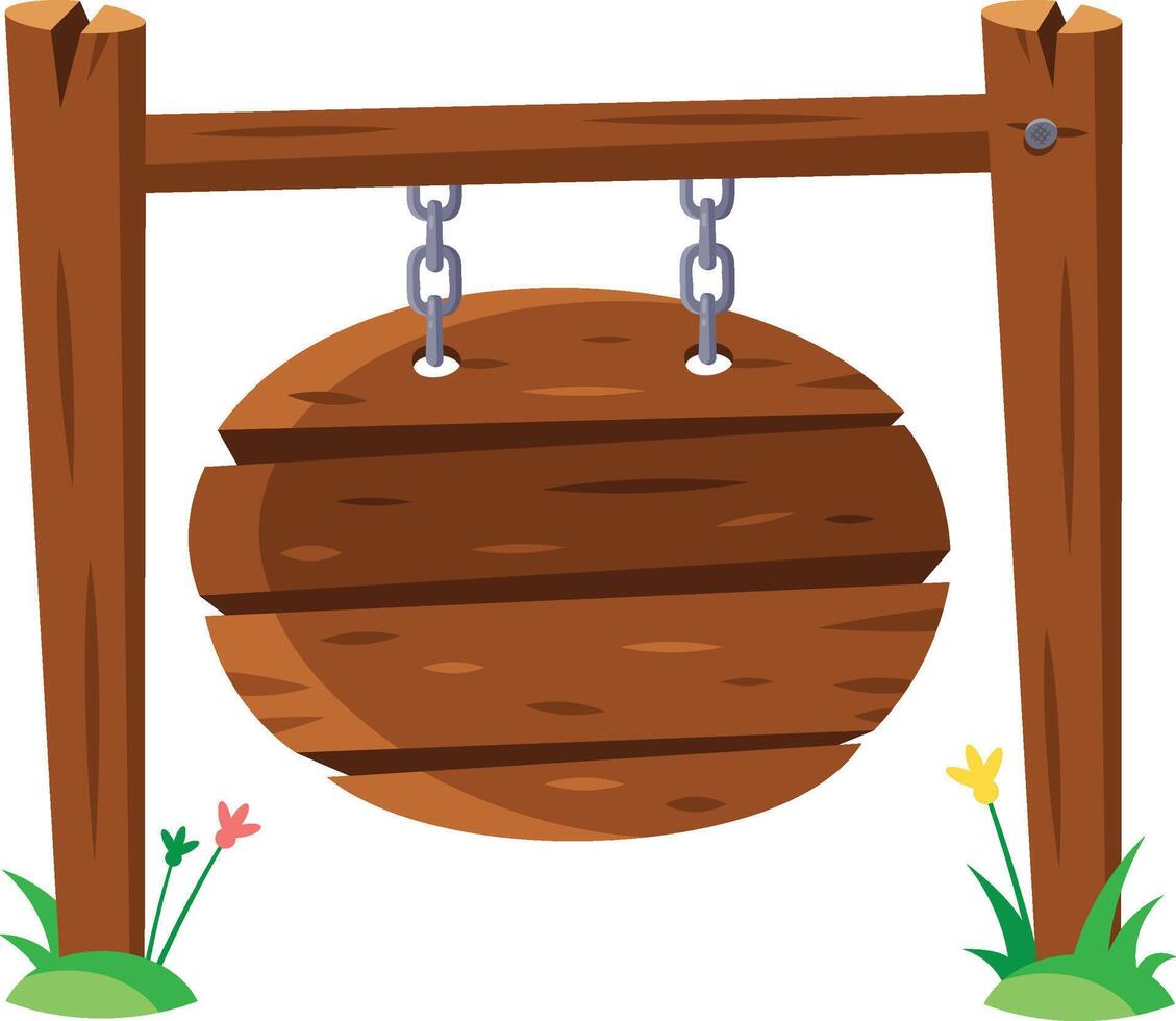 Wooden sign hanging from two wooden posts with chains and grass at the base, perfect for displaying messages and information vector