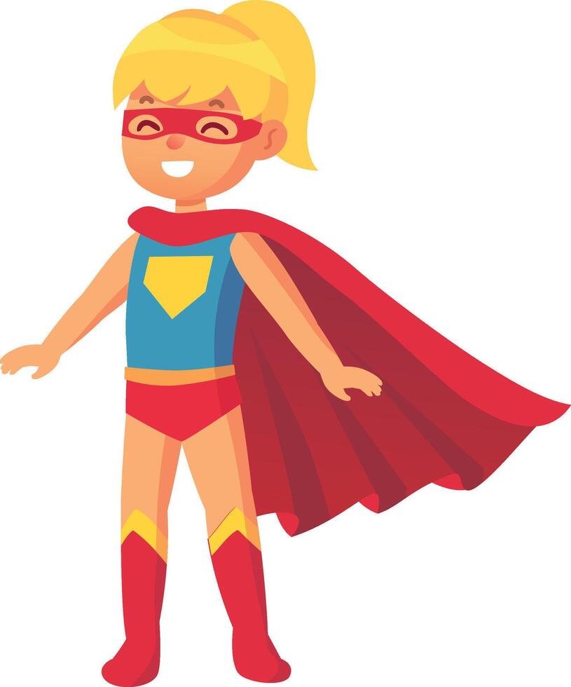 Cute little girl wearing superhero costume with red cape and mask standing with open arms, happy kid playing and dreaming of becoming super hero vector