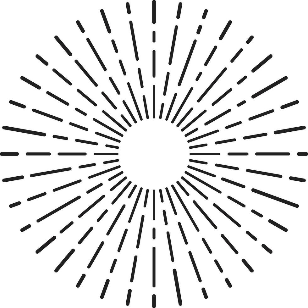 Black and white starburst design element radiating from a central circle, evoking a vintage or retro aesthetic, ideal for graphic design projects vector