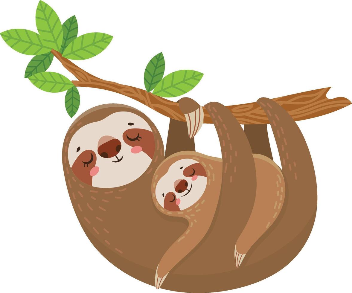 Adorable cartoon illustration of a mother sloth lovingly holding her baby while hanging upside down from a tree branch, enjoying a peaceful moment together vector