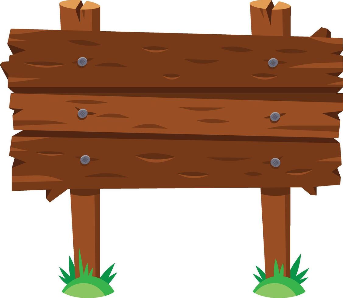 Cartoon wooden sign with three planks and nails standing on two poles with grass at the base, providing ample space for custom messages vector