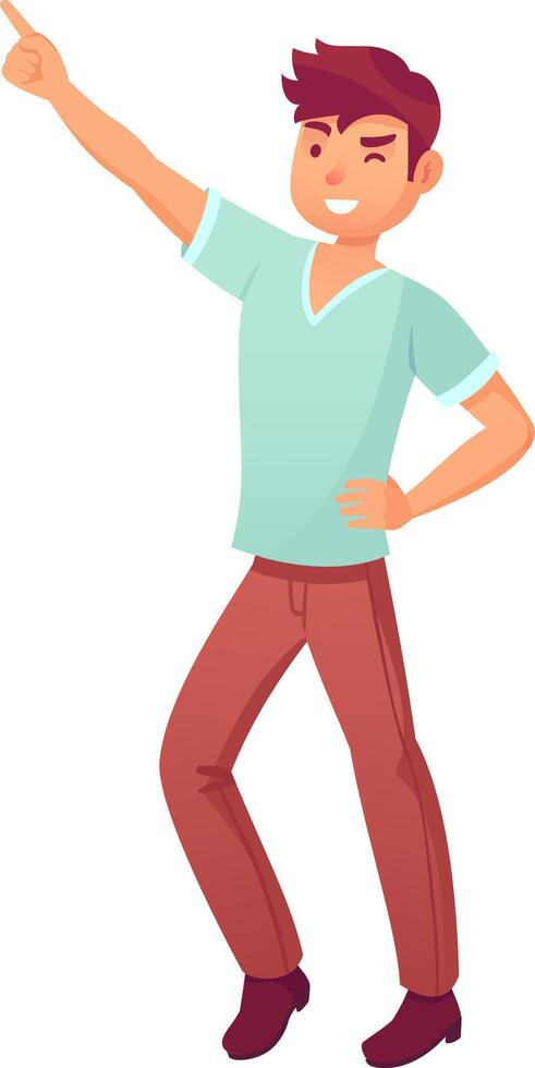 Cheerful young man pointing his index finger at something interesting and winking happily, expressing confidence and enthusiasm vector