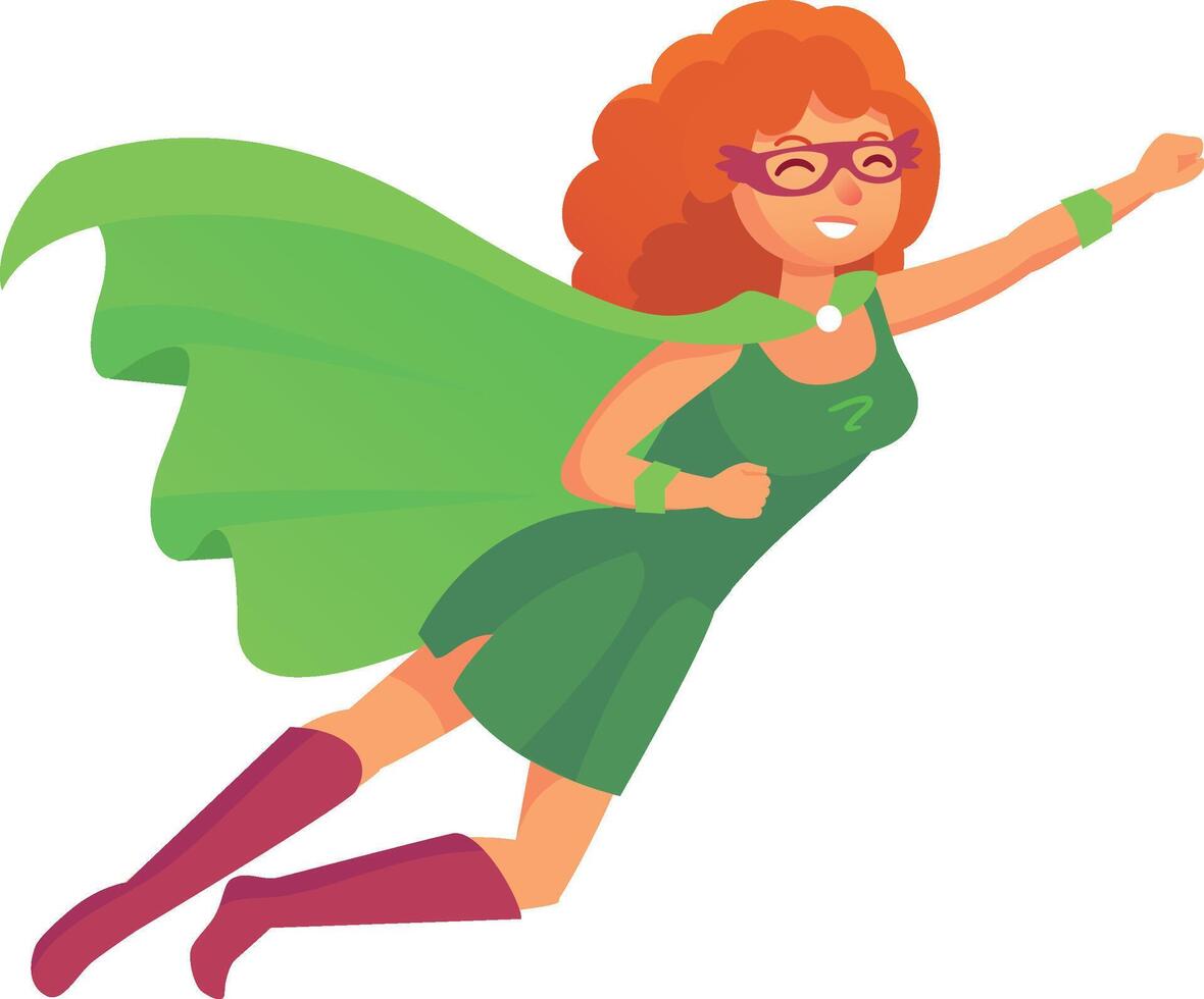 Powerful superhero woman with curly red hair and mask is flying wearing a green costume and cape, smiling and ready for action vector