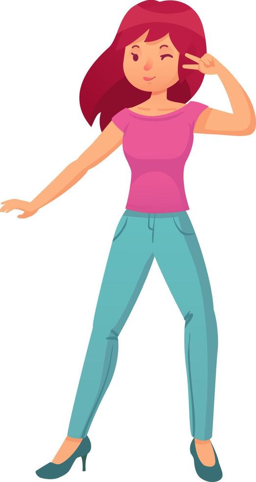 Vibrant illustration of a cheerful woman with pink hair winking and showing the peace sign, radiating confidence and playfulness on a white background vector