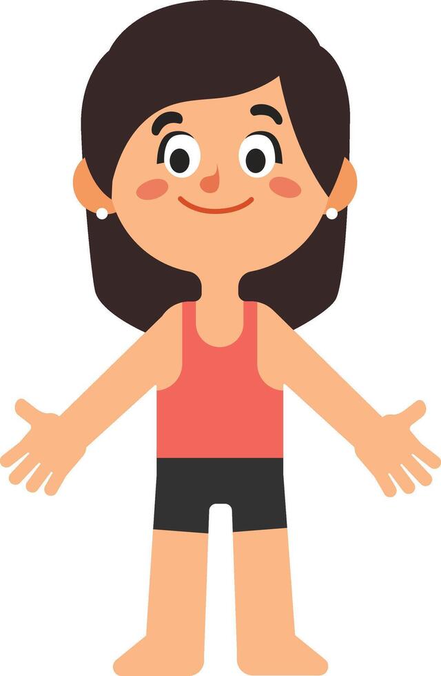 Full length illustration of a smiling girl showing open hands, wearing an undershirt and shorts, isolated on a white background, depicting concepts of welcoming, openness, and friendliness vector