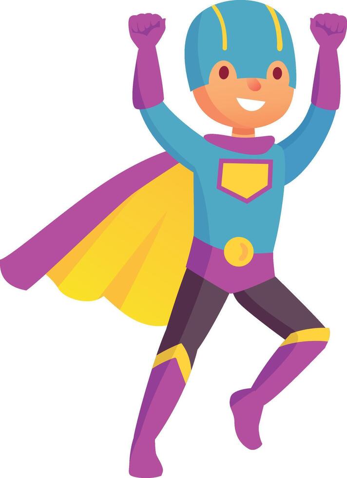 Powerful superhero kid wearing a colorful costume with cape and mask, flying and raising fists, celebrating victory and showing strength with a joyful expression vector