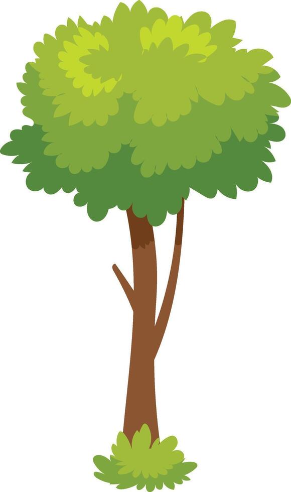 Cartoon tree with green leaves and brown trunk growing on a patch of grass represents nature, growth, and environmental sustainability vector