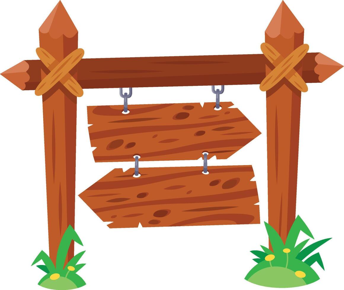 Wooden signpost with two arrow shaped boards pointing in different directions hanging from chains, indicating multiple paths or choices vector