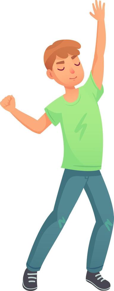 Happy young man wearing casual clothes dancing with eyes closed and one arm raised, enjoying music and expressing positive emotions through movement vector