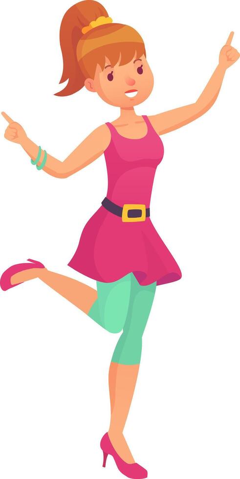 Young woman with ponytail, pink top and turquoise leggings is dancing and pointing with index fingers up and to the sides vector