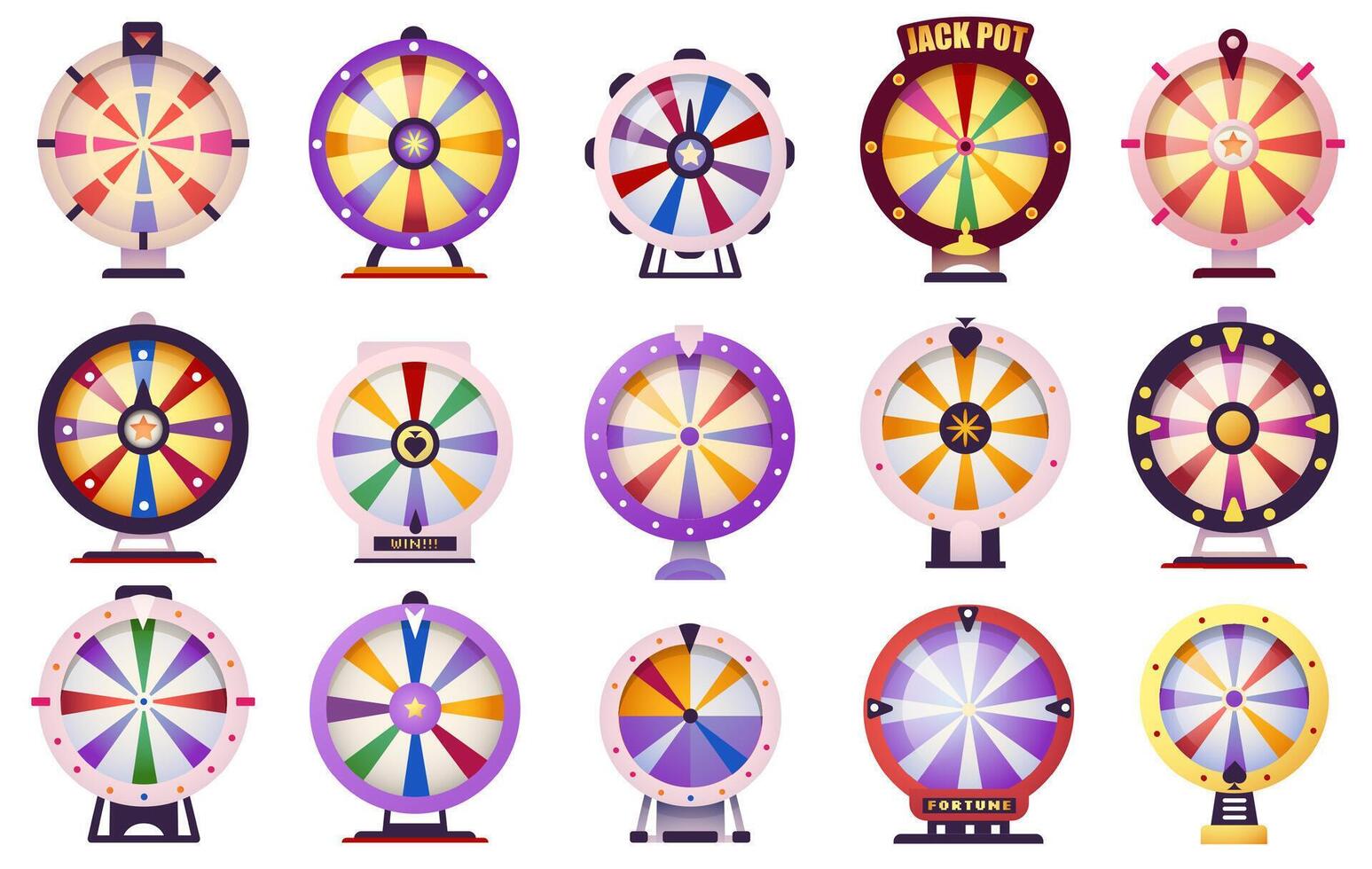 Casino spinning wheel. Round gambling turn arrow icons, roulette circle and turntable different sizes, circle with segments flat style. isolated set vector