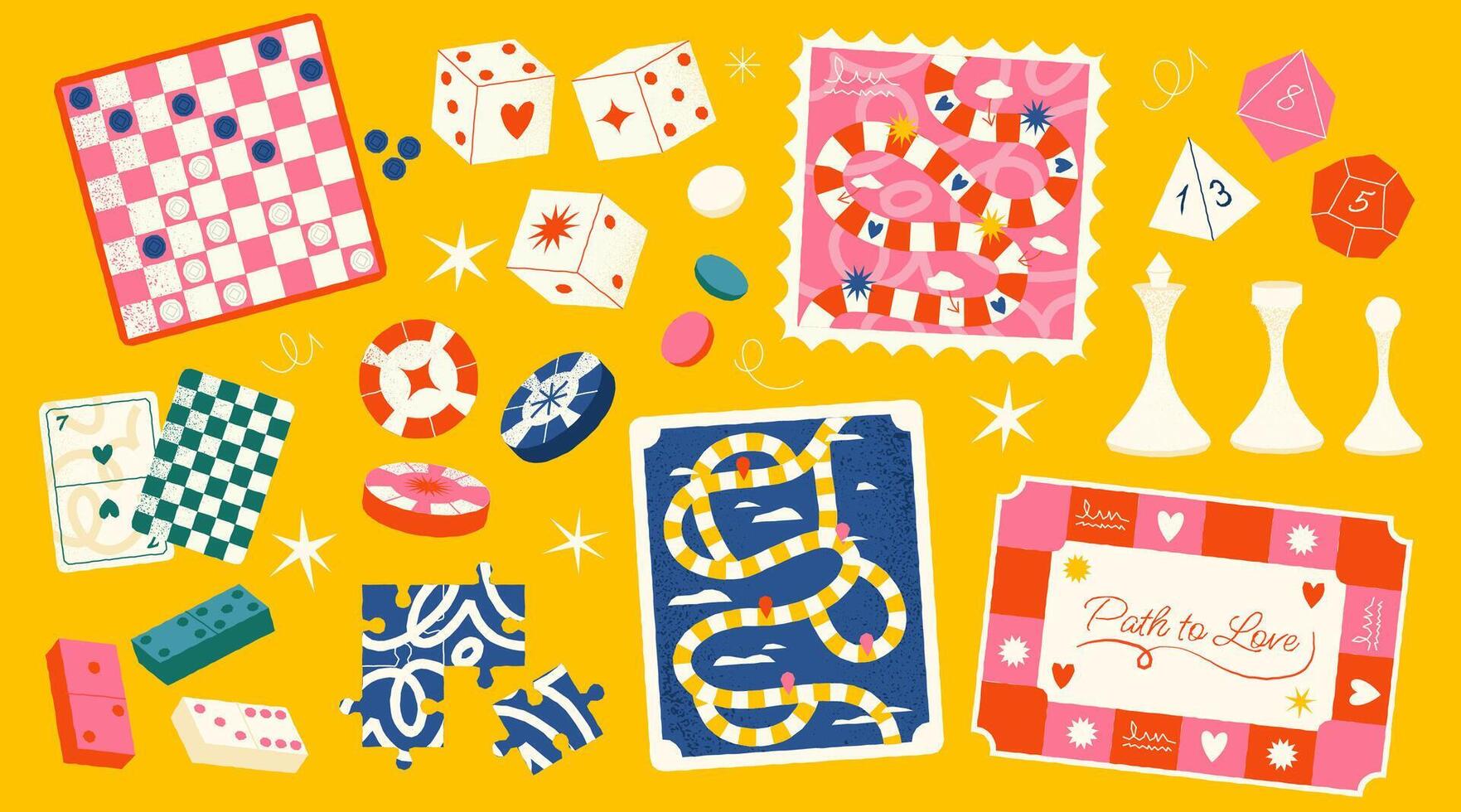 dibujos animados tablero juegos. familia divertido mesa estrategia y competencia juegos con dado y mapa, varios familia y fiesta recreación. aislado conjunto vector