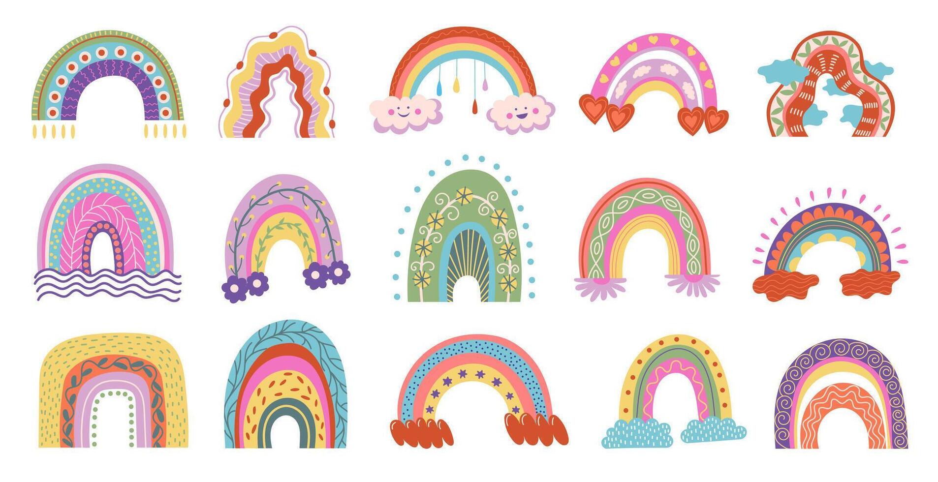 Cute colorful rainbows. Cartoon magic sky with clouds and stars, childish fantasy weather forecast decorative elements. isolated set vector