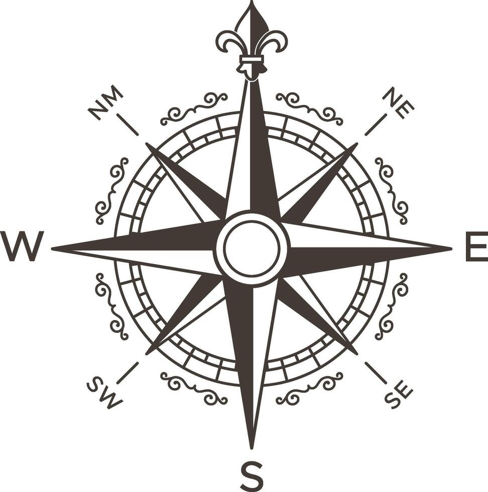 Compass rose with fleur de lis symbol pointing north, showing the four cardinal directions and intercardinal directions over white background, ideal for travel and navigation concepts vector