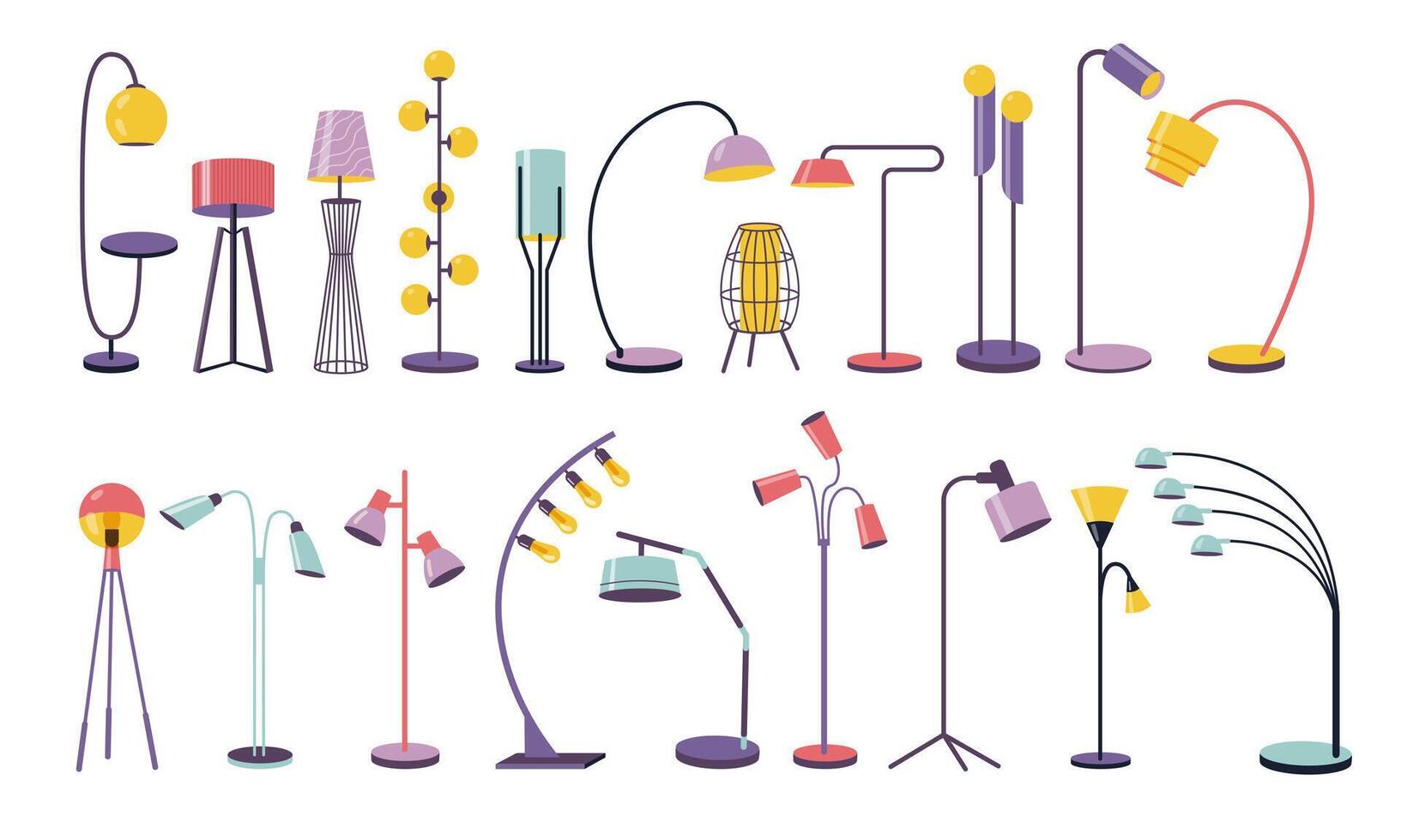 Floor lamps. Modern standing light equipment with different shades, home and office interior illumination, contemporary decorative objects. isolated set vector