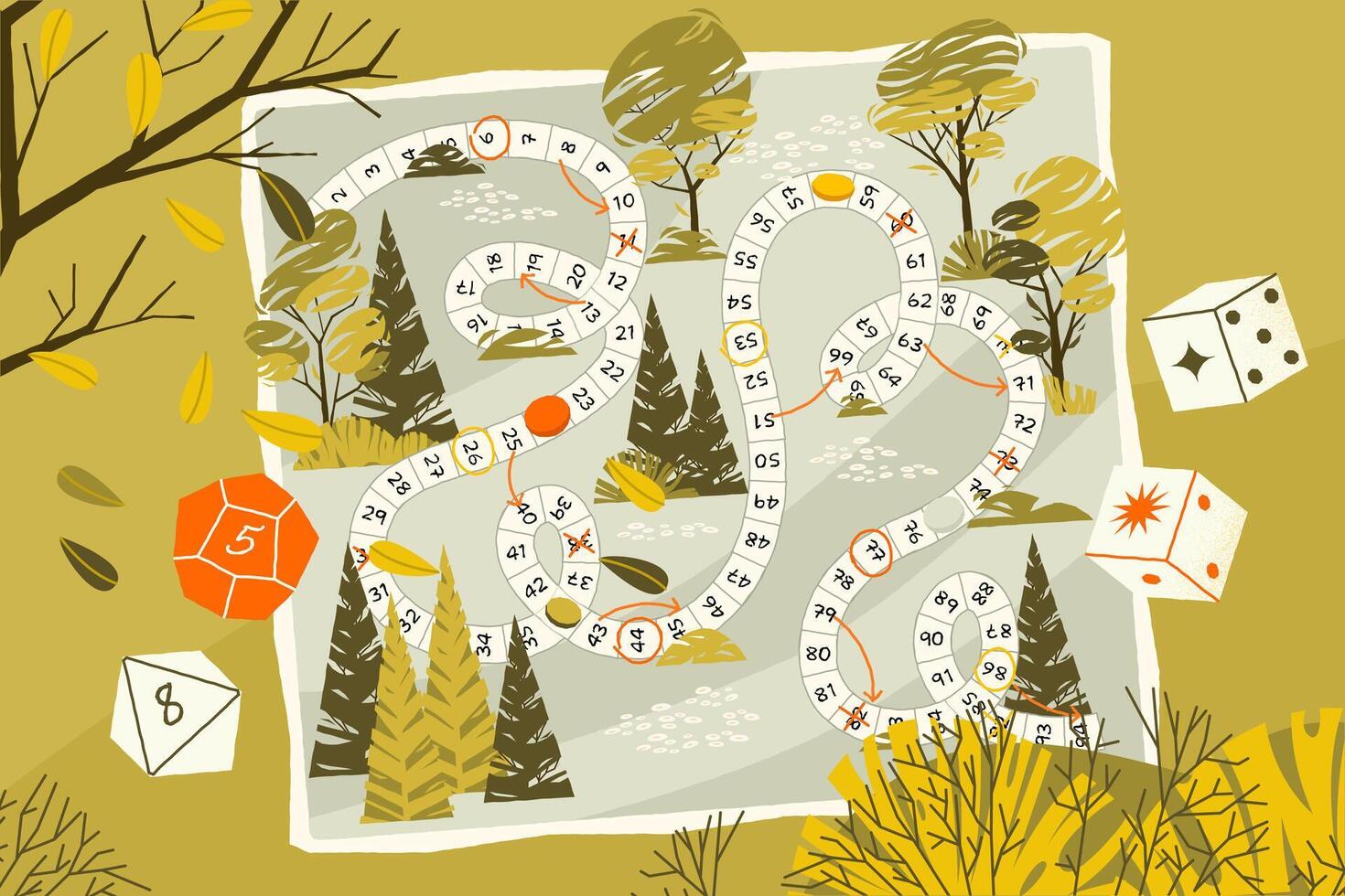 Kids board game. Cartoon children playing snakes and ladders game, funny group of people on ladder and animals on snakes back. board game illustration vector