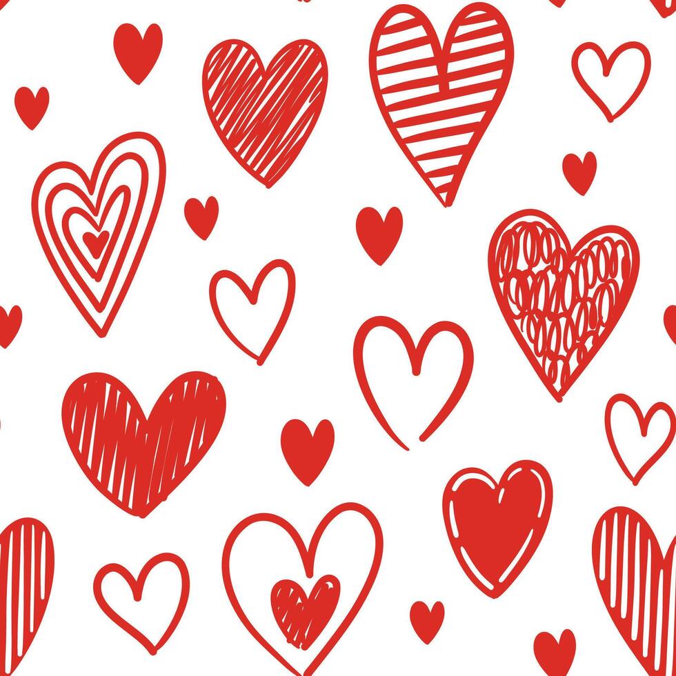 Red heart doodle pattern. Seamless print of abstract cute hand drawn valentines day symbols, romantic holiday decoration. texture vector