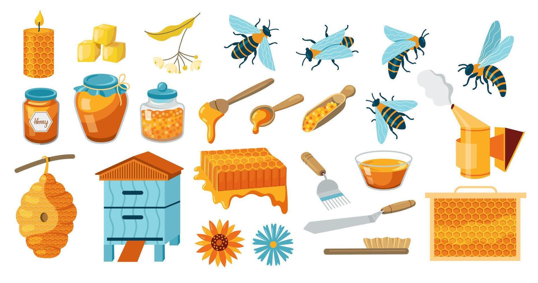 Honey and apiary products. Beekeeping bee honeybee products, beehive honeycomb beekeeper tools, glass jar with liquid nectar. cartoon set vector