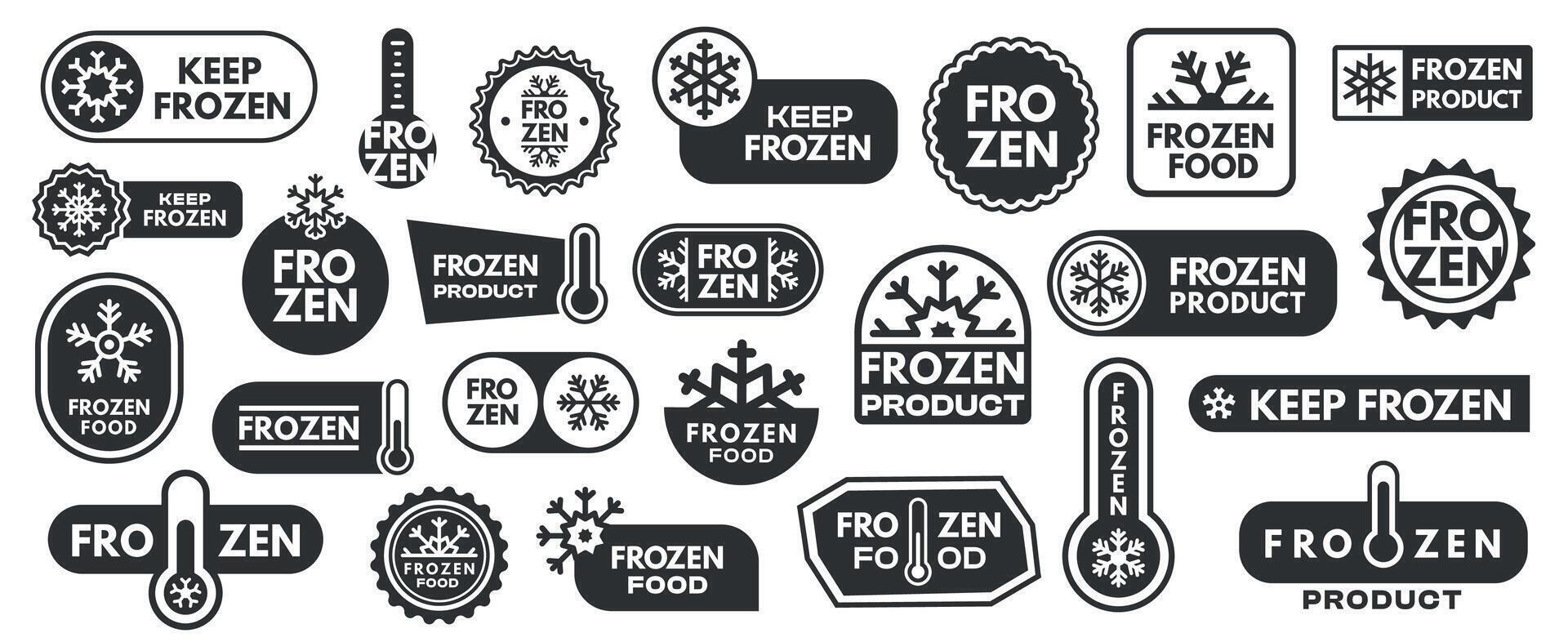 Black frozen product stickers. Monochrome meat and fish labels with temperature icons, frozen food packaging badges. isolated set vector