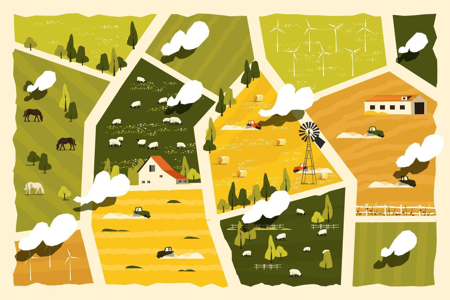 Cute rural map. Cartoon countryside village with farm houses and forest, kids game background with rural landscape. town map illustration vector